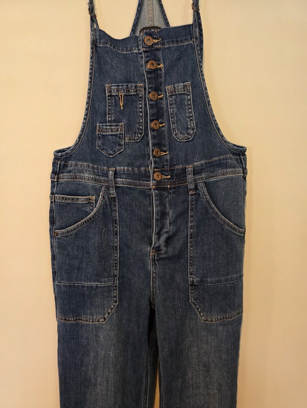 Miou Muse Size Medium Form Fitting Denim Overalls Button Front Bib Medium Wash - Picture 3 of 14